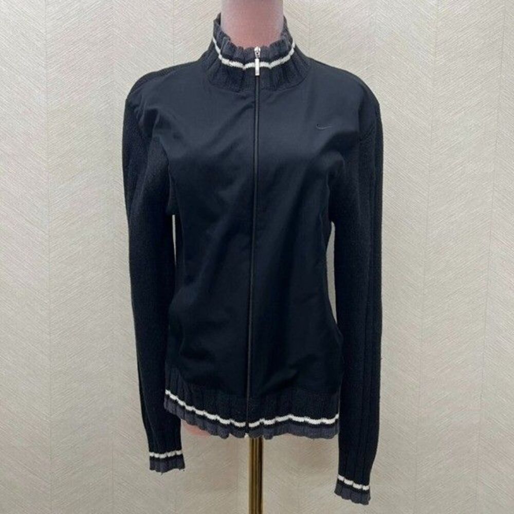 Y2K Nike Mock Neck Black Knit Trim Full Zip Track Jacket Womens Size L (12-14)